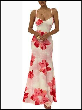 Floral Sleeveless Bodycon Maxi Dress V Neck Backless Beach Sundress